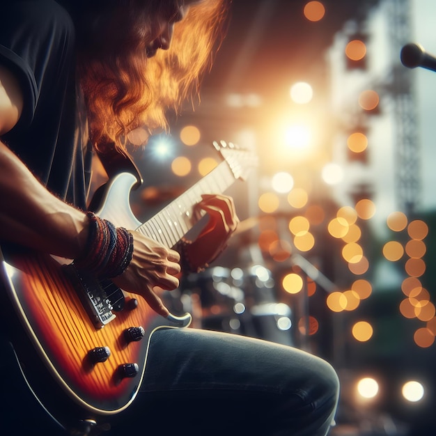 a man playing a guitar with a guitar in front of a stage with lights behind him