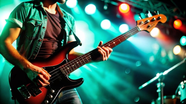 Photo a man playing a guitar with a guitar in front of a stage with the words  guitar