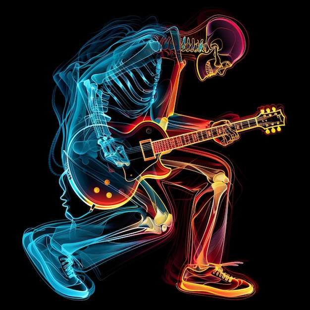 a man playing a guitar with a neon blue and red neon sign that says quot the guitar quot