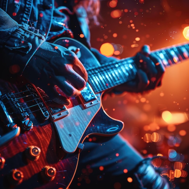 a man playing a guitar with a red background