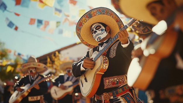 Photo a man playing a guitar with a skull on his head