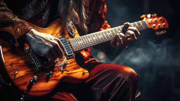 a man playing a guitar with a smoke behind him.