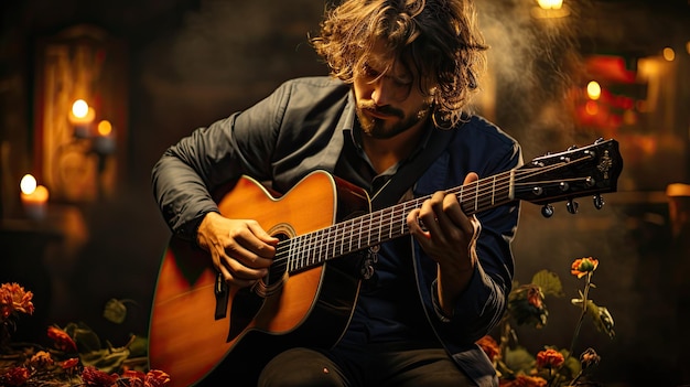 A man playing a guitar with a smoke behind him