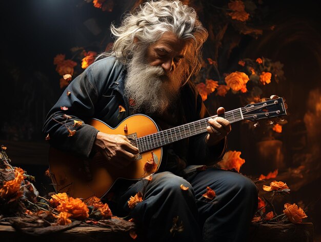 a man playing a guitar with a white beard