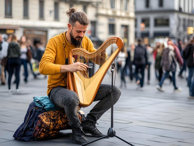 Photo a man playing the harp in a square with a bag on the back