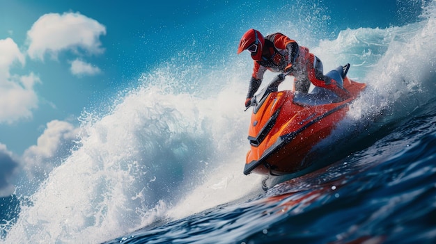 Photo man playing a jet ski on the beach summer vacation concept