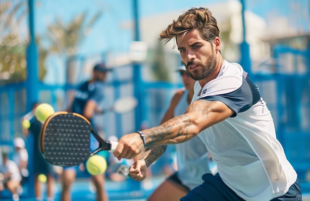 Man playing padel wearing white tshirt and navy shorts holding racket hitting ball on outdoor court