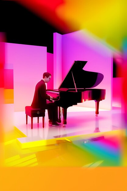 Photo man playing piano in colorful studio