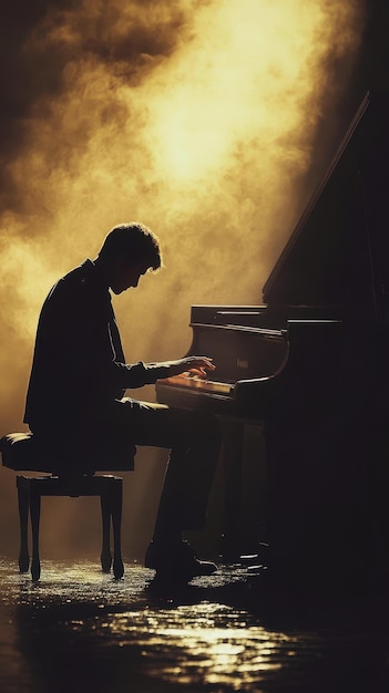 a man playing the piano in the dark