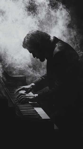 a man playing the piano in the dark