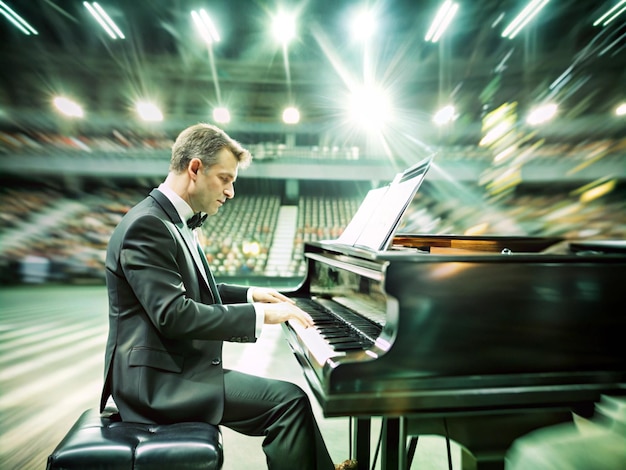 Photo a man playing a piano in a stadium with the word quot on the bottom quot