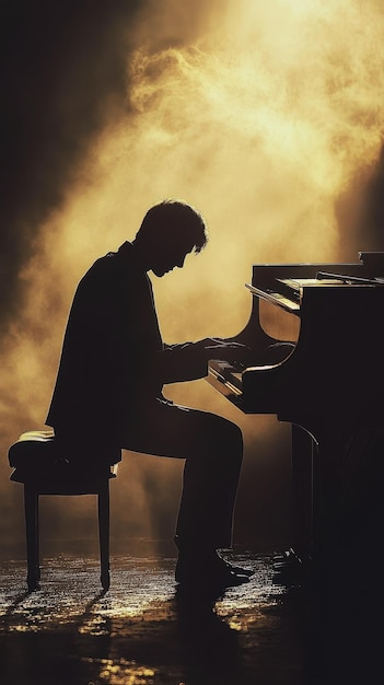 a man playing the piano with a golden background