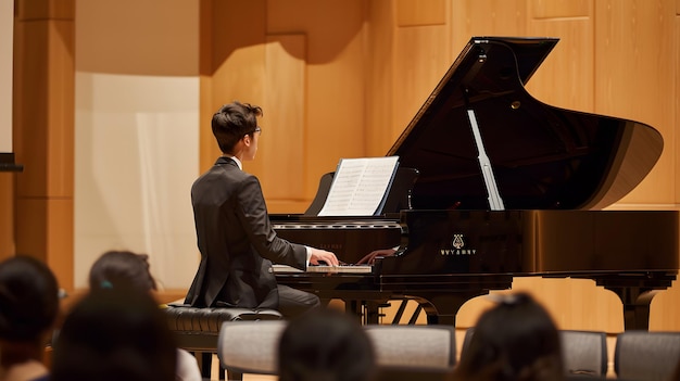 a man playing a piano with a piano in the background