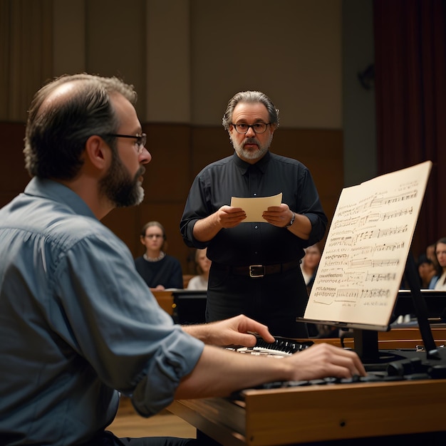 a man playing a piano with a sheet of music on the top