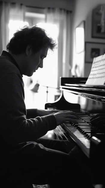 a man playing a piano with a white and black background