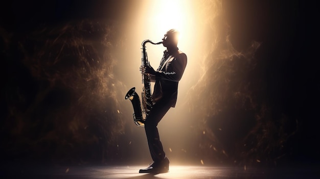 A man playing a saxophone in front of a light