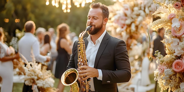 Photo man playing saxophone in a garden