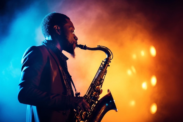 A man playing a saxophone is playing a song.