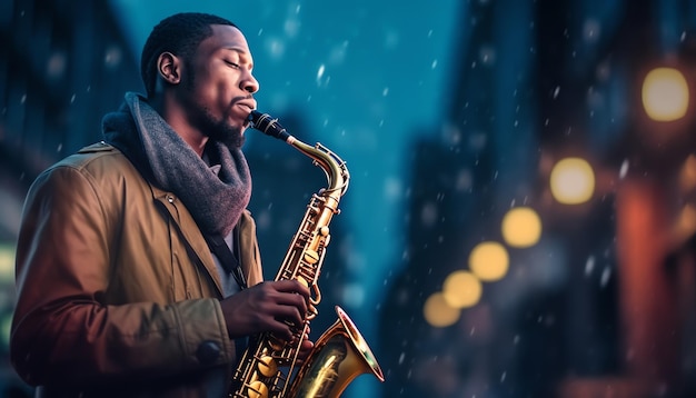 A man playing saxophone in the rain