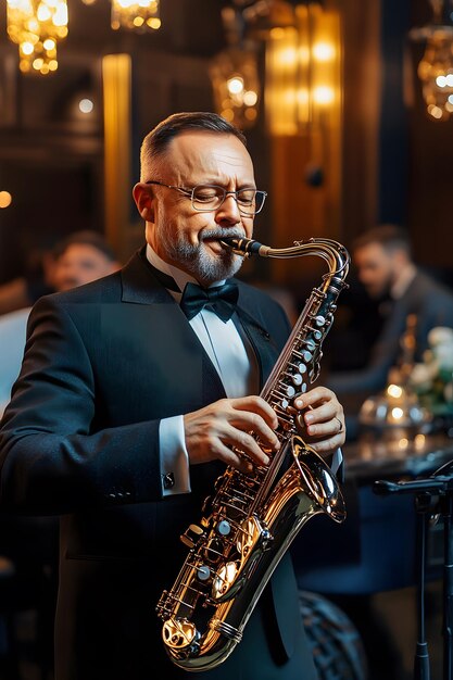 a man playing a saxophone with a band in the background