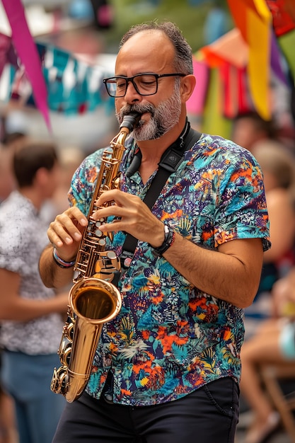 a man playing a saxophone with a colorful shirt on