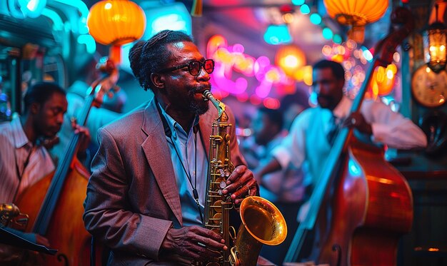 a man playing a saxophone with the words  jazz  on the top