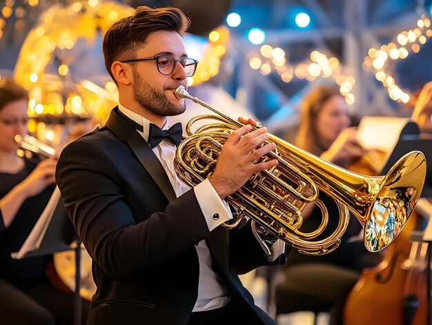 a man playing a trumpet with a band in the background