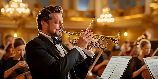 a man playing a trumpet with a band in the background