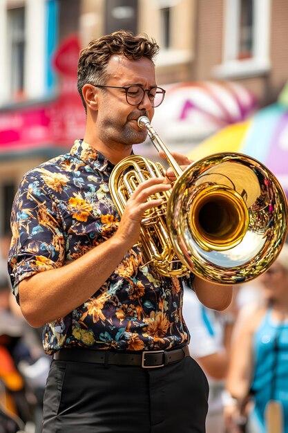 Photo a man playing a trumpet with a colorful shirt that says quot the musician quot