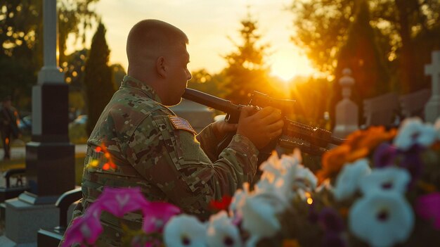 Photo a man playing a trumpet with the sun behind him