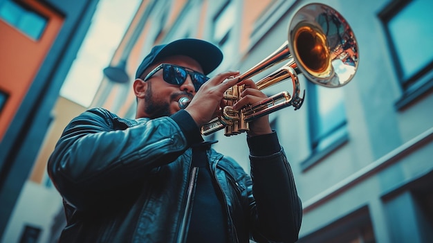 a man playing a trumpet with sunglasses on his face