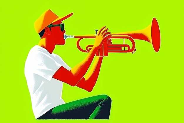 Photo man playing trumpet with a yellow hat and sunglasses