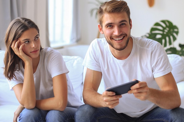 Man playing video games while his girlfriend is getting mad at him in their living room