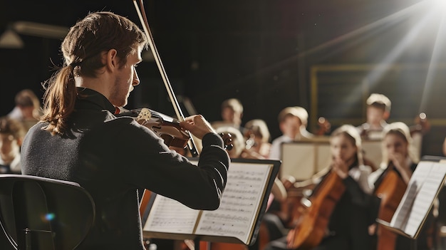 a man playing a violin in front of a group of people