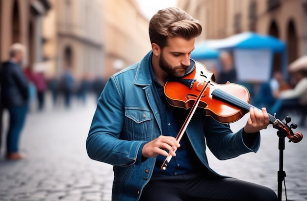 Photo a man playing a violin in the street