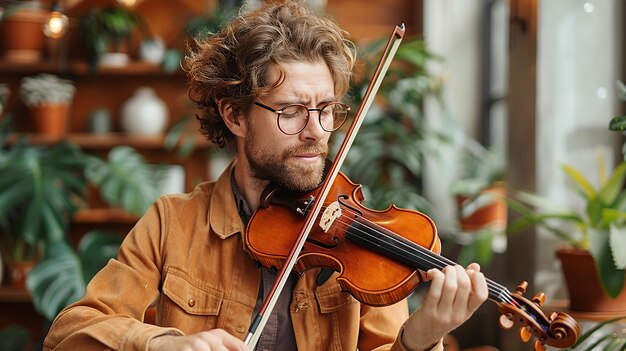 Photo a man playing a violin with a brown jacket on