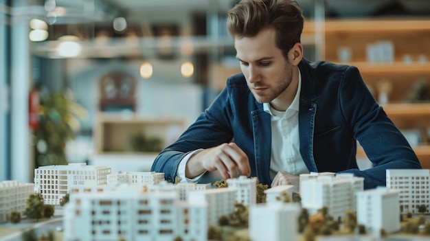 Photo a man playing with a model of a building with a lot of buildings in the background