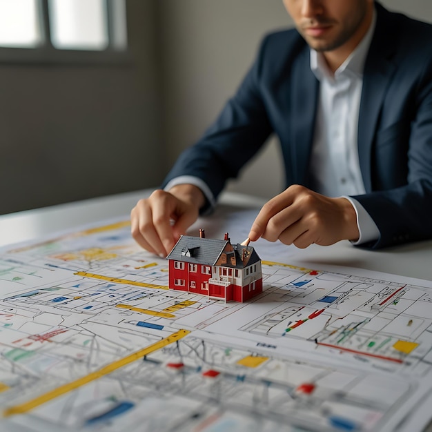 Photo a man playing with a red house on a map with a red house on top