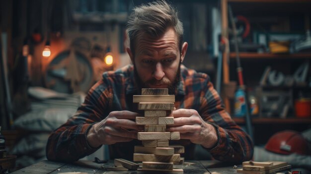 Man playing wood block game in workshop