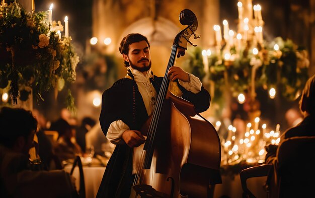 a man plays cello in front of a large group of people