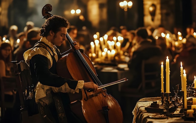 a man plays cello in a restaurant with other people in the background