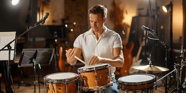 Photo a man plays drums with a drum set