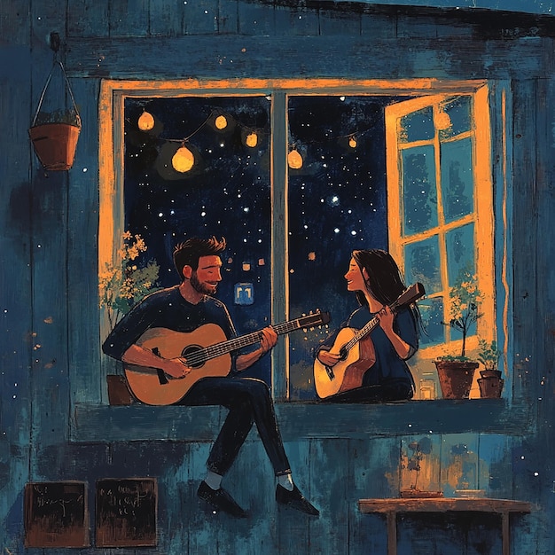 Photo a man plays guitar next to a window with a girl playing guitar