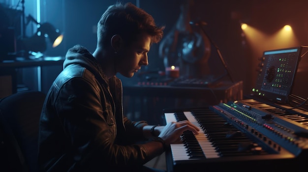 A man plays a keyboard in a dark room with a lit up blue light behind him.