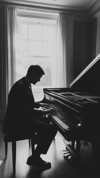 a man plays piano in a dark room with a curtain behind him