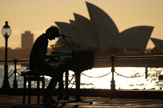 Photo a man plays the piano in front of the sydney opera house