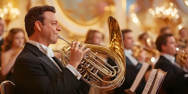 a man plays the saxophone in front of a gold background