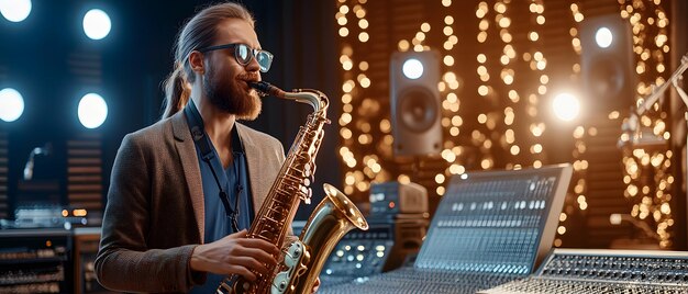 a man plays the saxophone in front of a sound studio