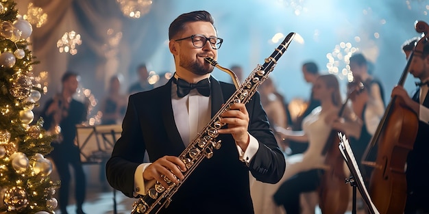 a man plays the saxophone in front of a stage with a band in the background