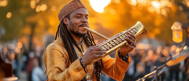 Photo a man plays the saxophone in front of a sunset background